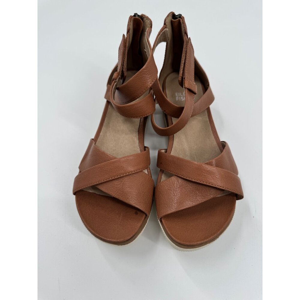 Eileen Fisher Sally Wedge Brown Leather Strappy Sandals With Ankle Strap & Zip - Picture 2 of 8